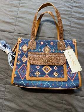 Le Miel Aztec Print Canvas Tote with Floral Tooled Faux Leather Accents